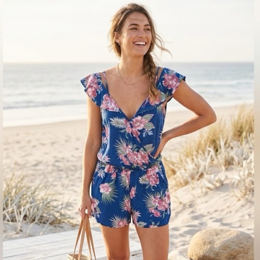 Harmony + Havoc Blue Tropical Floral Romper Large
